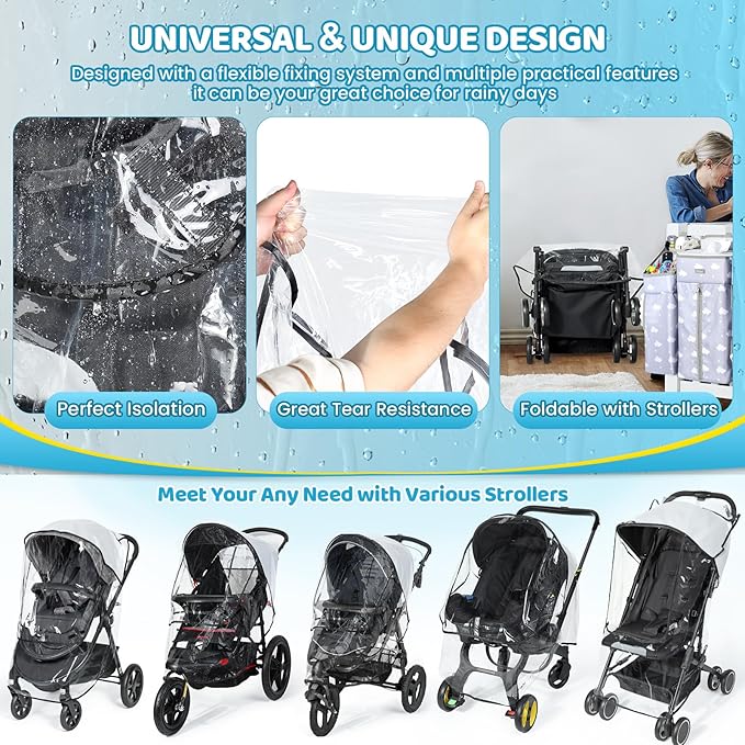 Universal Clear Stroller Rain Cover, No-Zip Waterproof Stroller Cover - Food Grade EVA & Frosted PVC, Baby Travel Weather Shield, Breathable Rain Cover for Most Single Strollers, Black-BubblyBeeBaby