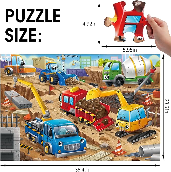Jumbo Floor Puzzle for Kids,Construction Site Jigsaw Large Puzzles,48 Piece Construction Vehicle Puzzle for Toddler Ages 3-5,Children Learning Preschool Educational Toys,Gift for 4-8 Years Old-BubblyBeeBaby