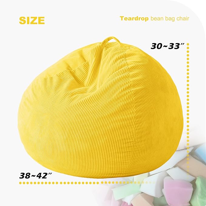 Homguava 3.5FT Bean Bag Chair: Teardrop Bean Bags with Memory Foam Filled, Compact Beanbag Chairs Soft Sofa with Corduroy Cover (Yellow)-BubblyBeeBaby
