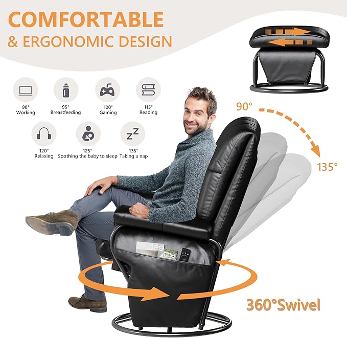 JIASTING 360° Swivel Recliner Chair with Ottoman & Double Side Pockets, Nursing Glider Rocking Recliner Chair, Gliding Chair for Nursery, Living Room, Office, Bedroom, Metal Frame (Black 1)-BubblyBeeBaby