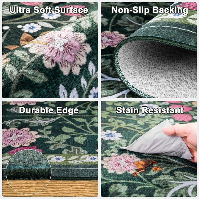 10x12 Area Rugs for Living Room: Floral Washable Rug Vintage Large Soft Boho Non-Slip Carpet Stain Resistant Low Pile Carpets for Bedroom Dining Room Farmhouse Nursery Hallway Home Office Dark Green-BubblyBeeBaby