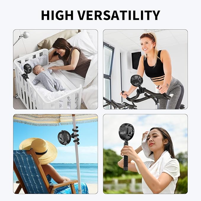 AMACOOL Battery Operated Stroller Fan Flexible Tripod Clip On Fan with 3 Speeds and Rotatable Handheld Personal Fans for Car Seat Crib Bike Treadmill (Black)-BubblyBeeBaby