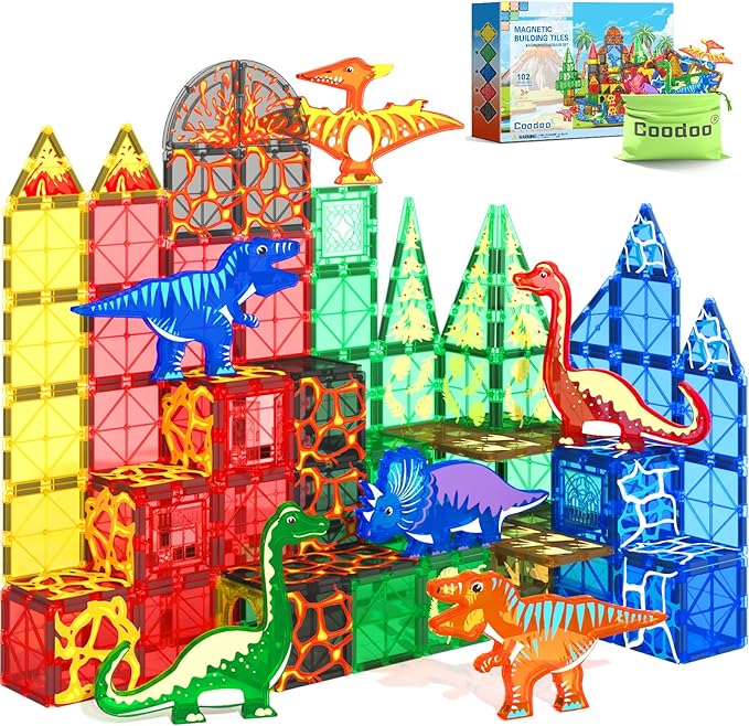 102PCS Dinosaur Toys Magnetic Tiles with 8 Dinosaurs - Jurassic Scenes Dinosaur World Adventure Set, Magnetic Blocks Kids Toys for Boys & Girls Ages 3+, Sensory Toddler Creative Kids Games Gifts-BubblyBeeBaby