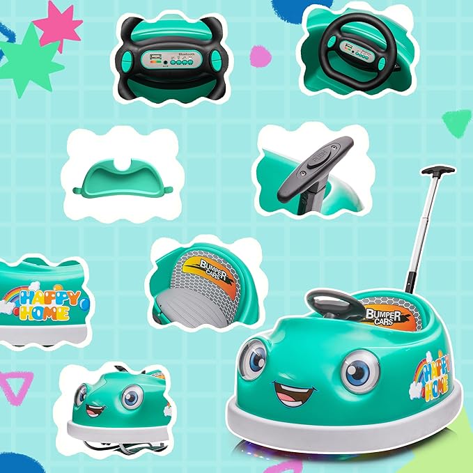 12V Dual Battery Electric Ride on Kids Bumper Car w/Remote Control,360 Degree Spin,Push Rod Rocker Horse Function,3-Speeds Babies & Toddlers Bumping Car Ride on Toy Gift for 1-4 Years Children（Green）-BubblyBeeBaby