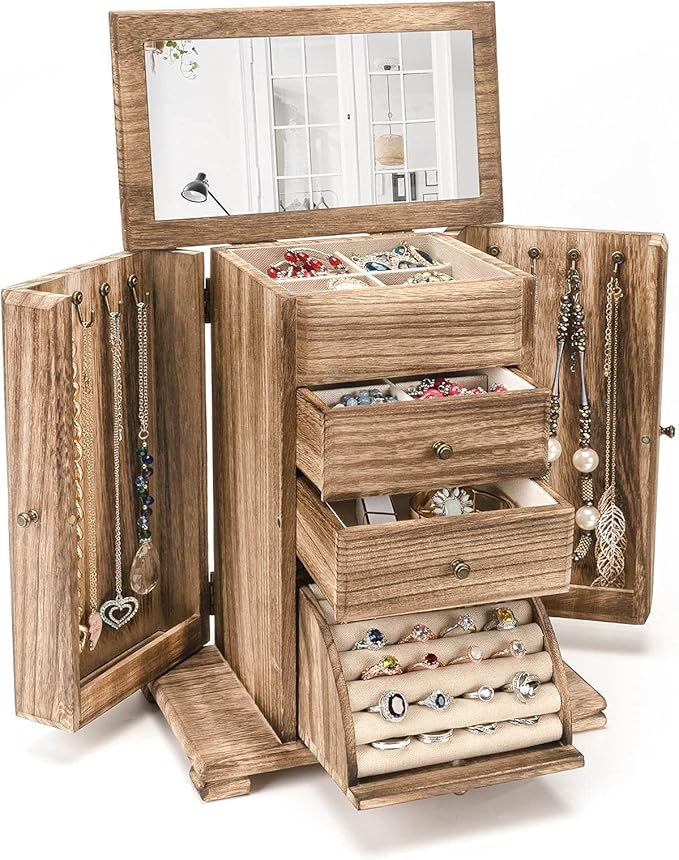 Jewelry Box for Women, Rustic Wooden Jewelry Boxes & Organizers with Mirror, 4 Layer Jewelry Organizer Box Display for Rings Earrings Necklaces Bracelets (Rustic Brown)-BubblyBeeBaby