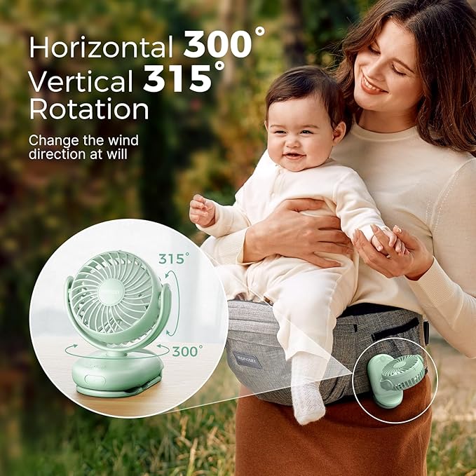 Momcozy Portable Fan with Clip | 4-Speed Mini-Fan for Carrier | Personal Fans Ultra Lighter 0.26lb | Gaps ≤4.5mm | Handheld Cooling | Rechargeable Rotate for Diaper Backpack/Stroller/Carrier/Chair-BubblyBeeBaby