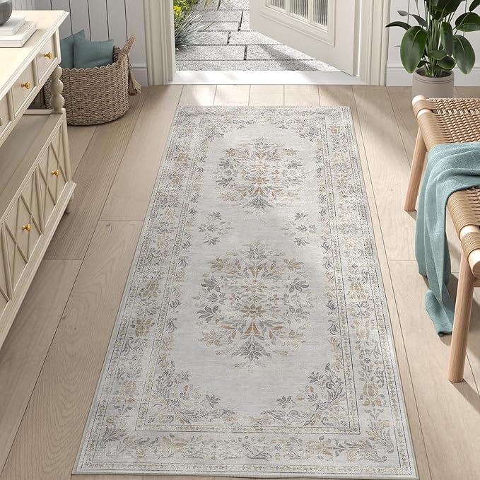 jinchan Vintage Floral Runner Rug 2x6 - Machine Washable Distressed Design Non-Slip Low-Pile Soft Thin Carpet for Hallway Kitchen Farmhouse Bedroom Entryway Laundry Room (2x6ft,Light Grey)-BubblyBeeBaby