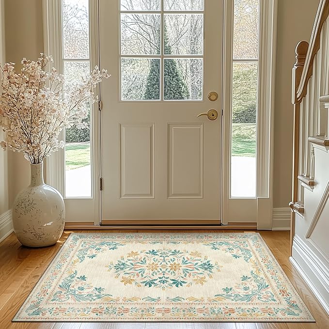 jinchan Vintage Floral 3x5 Area Rugs for Entryway - Machine Washable Distressed Design Ultra-Thin Low-Pile Soft Non-Shedding Carpet for Kitchen Bedroom Laundry Living Room (3x5ft,Apricot Multi)-BubblyBeeBaby