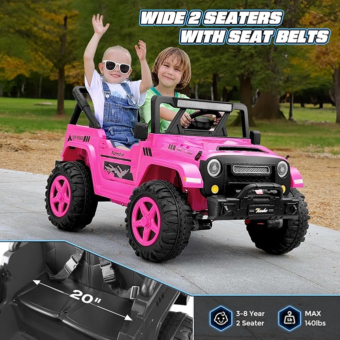 Hikole 24V 2 Seater Ride on Cars for Kids - Remote Control, 20" Spacious Seat, 4WD/2WD Switchable Electric Car with LED Lights, Bluetooth, 3 Speeds, Ride on Toys for Kids 3-8, Hot Pink-BubblyBeeBaby