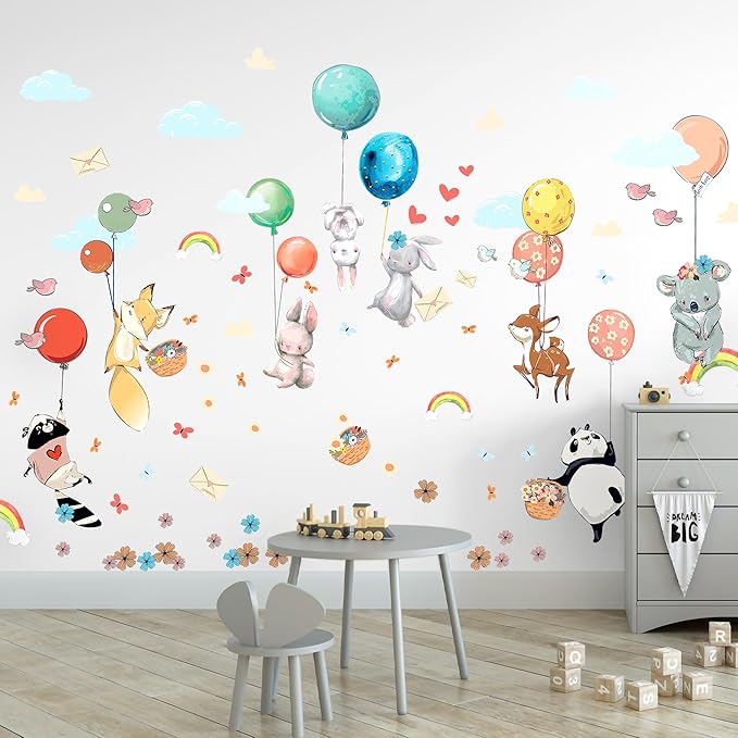 Hot Air Balloon Wall Decals by Lipastick - Peel and Stick Animal Stickers Raccoon, Fox, Koala, Panda for Kids Room, Nursery, Playroom, Bedroom - Playroom Wall Decals for Boys, Girls, Babies - M Size-BubblyBeeBaby