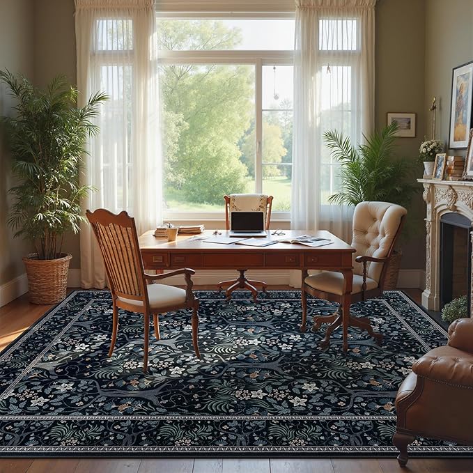 Joydeco Floral Living Room Rugs, Washable Large Bedroom Rug 8x10 Under Bed Non Slip, Soft Forest Botanical Low-Pile Floor Indoor Throw Carpet for Dining Table Home Office, Blue-Black-BubblyBeeBaby