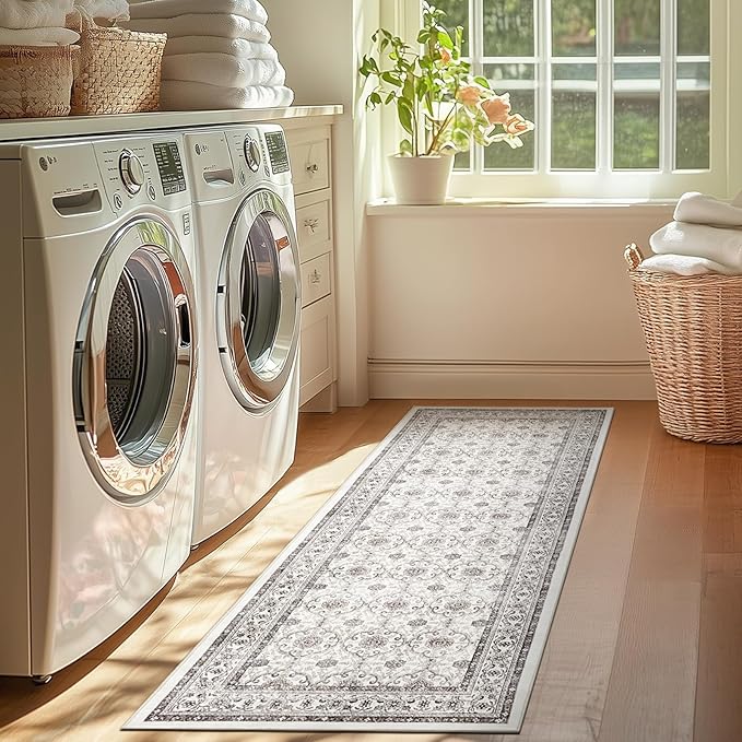 jinchan Runner Rug 2x7 - Machine Washable Beige Vintage Floral Distressed Design Soft Non-Slip Low-Pile Ultra-Thin Runner Rug for Kitchen Hallway Laundry Room Entryway Farmhouse (2‘x7',Beige)-BubblyBeeBaby