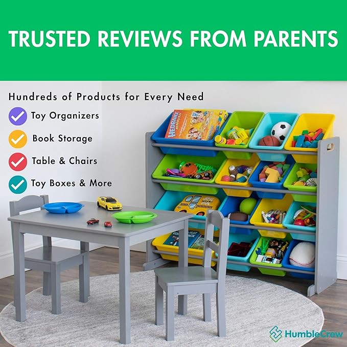 Humble Crew Supersized Toy Storage Organizer with 16 Removable Bins, Grey/Blue/Green/Yellow – Large Toy Storage for Toddlers Ideal for Kids' Rooms, Playrooms, and Nurseries - Modern Toy Bins for Kids-BubblyBeeBaby