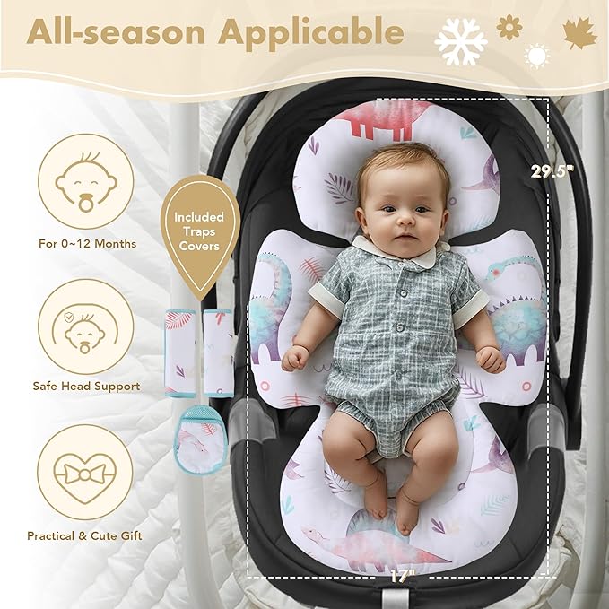 Infant Car Seat Insert, 2-in-1 Head & Body Carseat Support for Baby Newborn Toddler with Strap Covers, Reversible Ultra-Soft Cushion for Baby Carseat, Stroller, Swing & Bouncer-BubblyBeeBaby