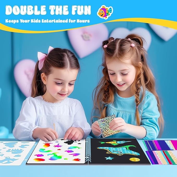 homicozy Art & Craft Activity for Kids - Foil Fun Mermaids & Scratch Art Book 2-in-1, No Mess Art Crafts for Girls,DIY Creative Activity Kit,Gifts for Girls Ages 4, 5, 6, 7, 8, 9, Travel Toys-BubblyBeeBaby