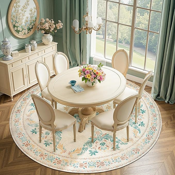 jinchan Round Rug 7ft Area Rugs,Vintage Floral Distressed Design Machine Washable Soft Non-Slip Low-Pile Ultra-Thin Circle Rug for Living Room Dining Room Bedroom Home Office (7' Round,Apricot Multi)-BubblyBeeBaby