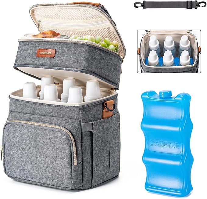 Insulated Breastmilk Cooler Bag with Ice Pack - Holds 6x9oz Bottles, Leakproof Double Layer, Baby Bottle Cooler Bag with Adjustable Strap for Nursing Moms, Daycare & Travel-BubblyBeeBaby
