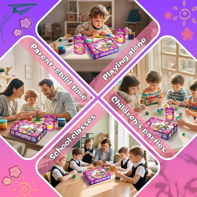 ifergoo Air Dry Clay Kit for Kids - Cakes Modeling Clay, Includes 6 Dessert Designs and Display Stand, DIY Art & Crafts School Projects, Home Party Kids Toys, Holidays Gifts for Age 3-12 Girls & Boys-BubblyBeeBaby