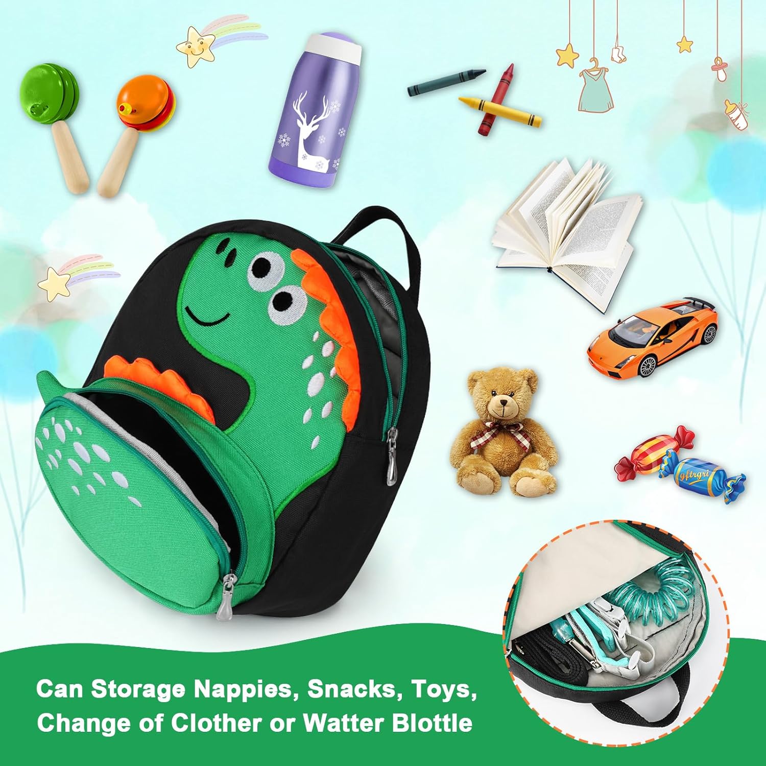 Accmor Toddler Backpack Harness with Safety Leash, Cute Dinosaur Harnesses with Kids Anti Lost Wrist Link, Mini Child Schoolbag with Wristband Tether Strap and Protection Leashes for Baby boys (Black)