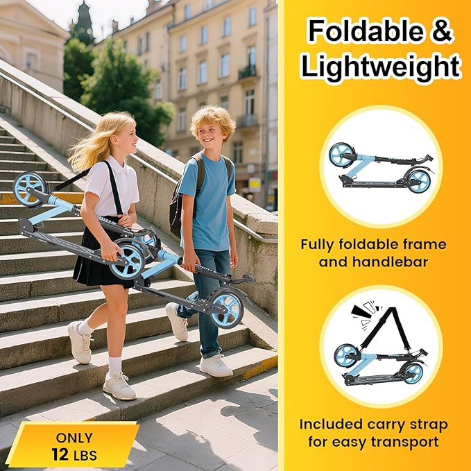Kick Scooter for Kids Teens & Adults, 4 Adjustable Heights, 8IN All Terrain Big Wheels, Dual Brakes & Dual Suspension, Foldable and Lightweight, Gifts for Girls Boys-BubblyBeeBaby