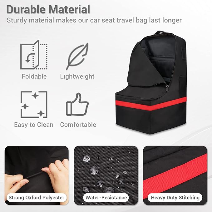 Car Seat Travel Bag - Padded, Comfortable, Durable, Roomy Gate Check Carseat Cover Backpack Fits 3-in-1，Convertible, Booster & Infant Car Seats for Airplane, Airport, Red-BubblyBeeBaby