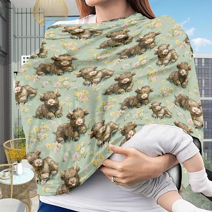 Binienty Highland Cow Baby Car Seat Cover for Boys Girls,Boho Floral Infant Carseat Cover Multi Use Baby Nursing Cover, Shopping Cart/High Chair/Stroller Cover-BubblyBeeBaby