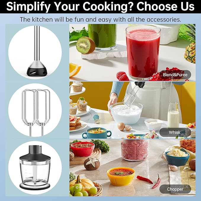 Immersion Blender 1000 Watts Scratch Resistant Hand Blender,20 Speed and Turbo Mode Hand Mixer, 3-in-1 Heavy Duty Copper Motor Stainless Steel Smart Stick with Egg Beaters and Chopper-BubblyBeeBaby