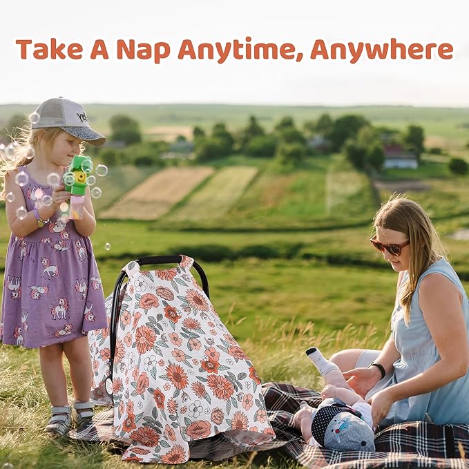 Rquite Car Seat Cover, Muslin Cotton Infant Car Seat Canopy, Breathable Baby Carrier Cover, Summer Stroller Sun Shade, Flower-BubblyBeeBaby