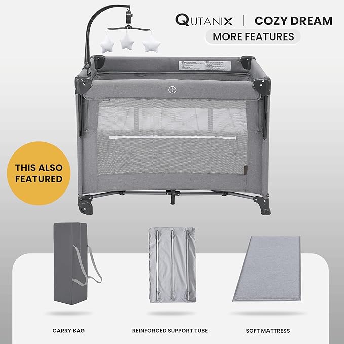 2-in-1 Baby Playard, Pack and Play Bassinet, Easy Folding Portable Crib with Music Mobile for Newborn to Toddlers (Grey)-BubblyBeeBaby