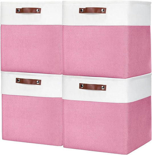 13x13 Cube Storage Bins, Collapsible Fabric Storage Box, 4 Pack Closet Baskets with Handles for Organizing, Shelf, Toys, Clothes, Home, Office, Nursery (Pink&White)-BubblyBeeBaby