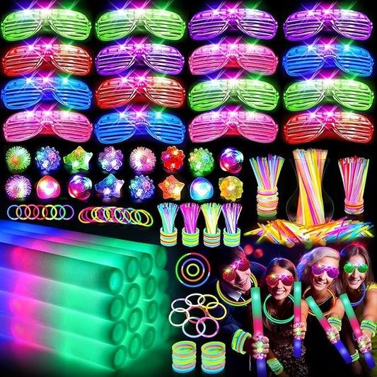 150 PCS Glow in the Dark Party Supplies, 16 Foam Sticks, 16 LED Glasses, 100 Glow Sticks and 18 Finger Lights for Neon Party, Wedding, Birthday, Concert, New Year, Carnivals, Raves-BubblyBeeBaby