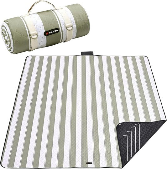 HX&OD Outdoor Picnic Blanket Extra Large, 80''*80' Waterproof Picnic Mat with Stakes Foldable Camping Blanket Portable with Carry Strap for Beach Mat (Green, 80''*80'')-BubblyBeeBaby