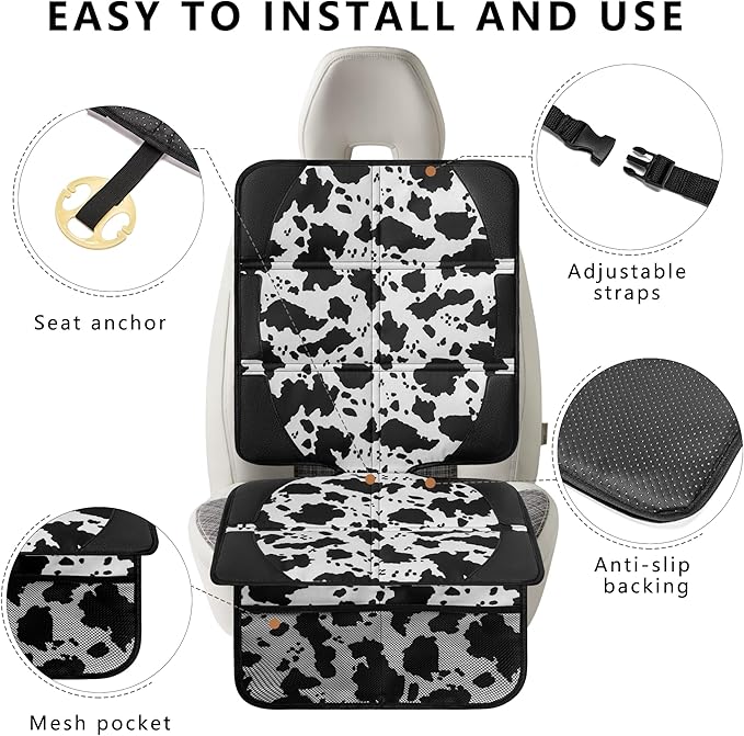 Car Seat Protector for Child Car Seat, 2 Pack Baby Car Seat Covers with Mesh Pockets & Non-Slip Backing 600D Durable Seat Protector Under Baby Car Seat for Car Back Seat (Cow Print, Large)-BubblyBeeBaby