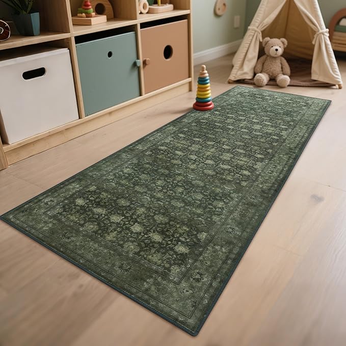 2'6x8' Washable Runner Rug for Hallway, Non Slip Vintage Floral Long Carpet Runners for Entryway, Kitchen, Bathroom, Bedroom, Low Pile Laundry Rugs Rubber Backing (Distressed Green)-BubblyBeeBaby