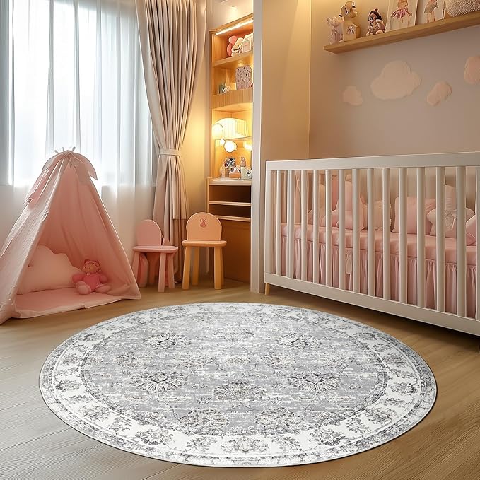 jinchan Round Rug 4ft Area Rugs Vintage Floral Distressed Design - Machine Washable Non-Slip Low-Pile Ultra-Thin Circle Rug for Entryway Bedside Living Room Dining Room Bedroom (4' Round,Grey)-BubblyBeeBaby
