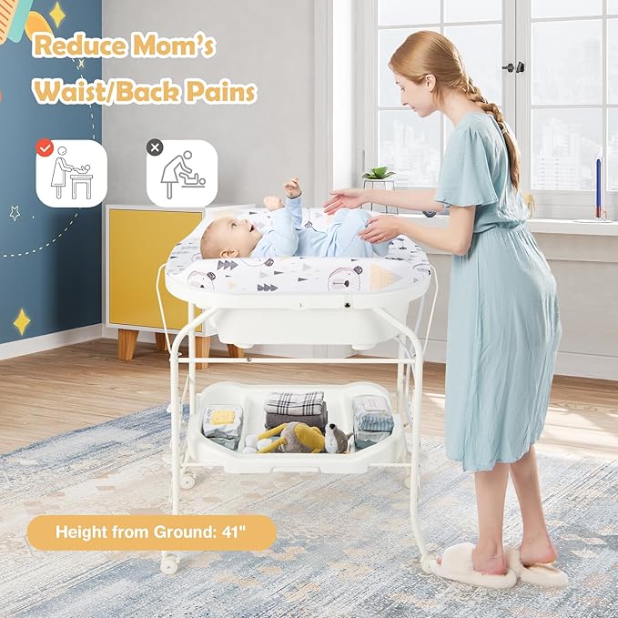 HONEY JOY Baby Changing Table with Bathtub, Foldable Infant Diaper Changing Station with Wheels, Storage Tray, Waterproof Pad, Portable Newborn Nursery Organizer Bath Stand for Boys Girls (White)-BubblyBeeBaby