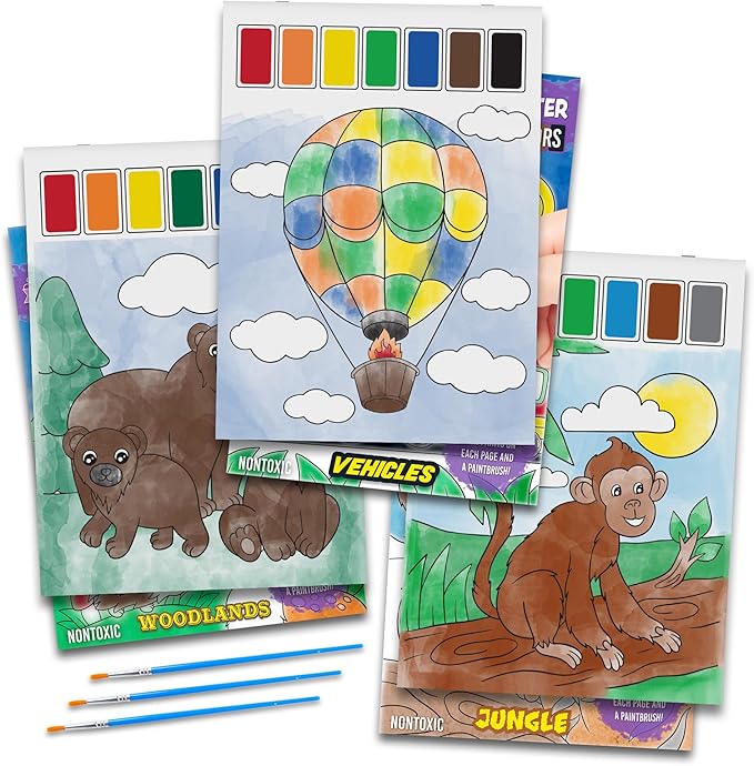 Imagination Works® Paint with Water Books for Kids, 3 Pack | Watercolor Coloring Book Set for Toddler Activities | Spillproof Kids Paint Palettes on Each Page (Jungle, Vehicles, Woodland)-BubblyBeeBaby