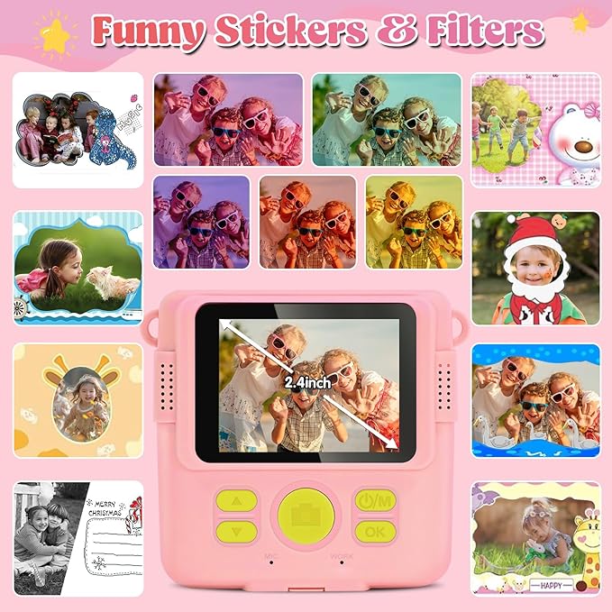 Instant Print Camera for Kids - 2.4 Inch Kids Camera Instant Print with Paper & 32G Card- Digital Children Toys as Christams Birthday Gifts for Girls Boys Age 3-12 - Pink-BubblyBeeBaby