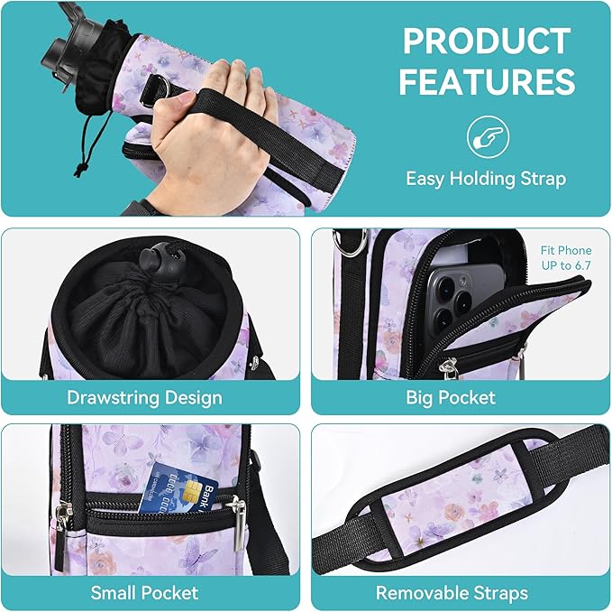 25/32/40/64oz Water Bottle Bag Holder Carrier-Insulated Crossbody Sling Case Sleeve with Strap & Pockets for Men Women Gym Cycling Travel Walking Hiking Camping-BubblyBeeBaby