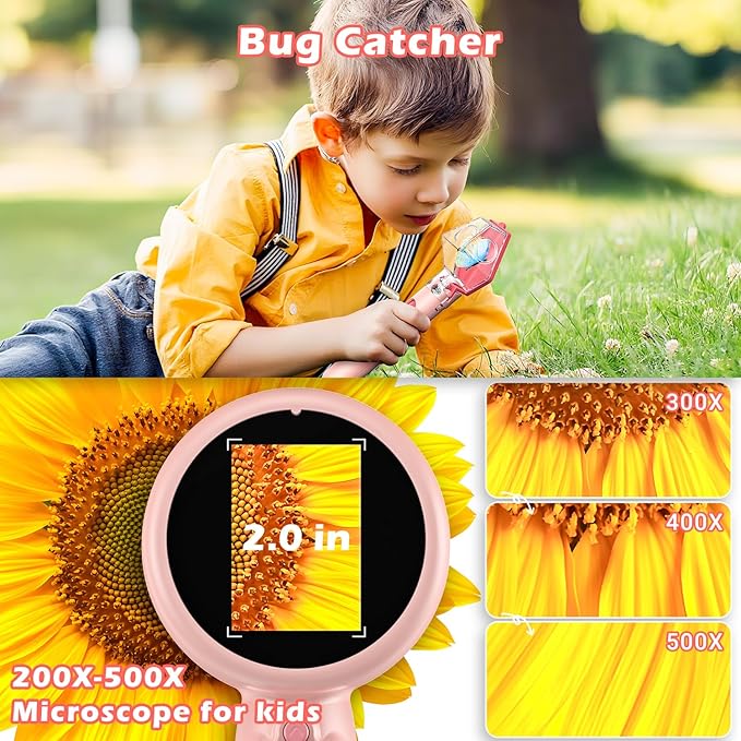 2 in 1 Kids Microscope with Bug Catcher,HD 500X Digital Microscope for Kids with 2" Screen,Photo and Video,STEM Educational Science Kit Learning Toys for Age 3-12 Girls & Boys Birthday Gifts (Pink)-BubblyBeeBaby
