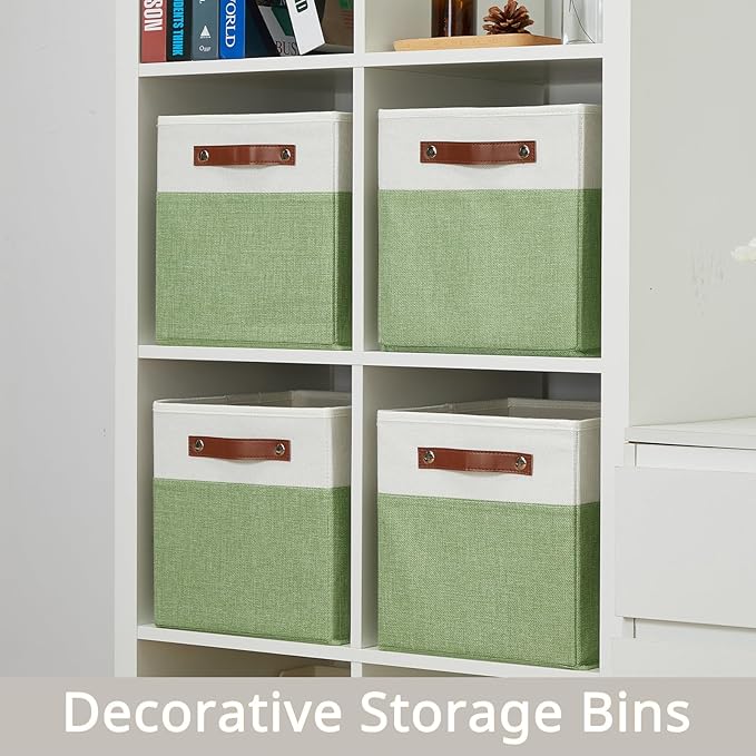 HNZIGE Fabric 11x11 Cube Storage Bins, Set of 4, Foldable Storage Cube Bin Baskets for Shelves with Handles, Bins for Cube Organizer Home Toy Nursery Closet(Green White)-BubblyBeeBaby