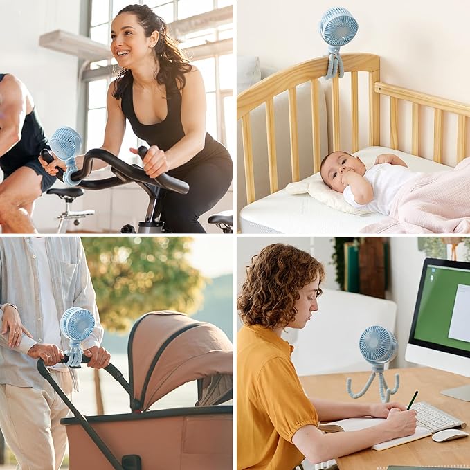 Momcozy Portable Stroller Fan, 8000mAh, 27H Ultra-long Battery Life, Detachable 4 Speed 360°Rotate, LED Night Light with 2 Modes, USB Rechargeable Handheld Cooling Fan for Travel, Car Seat, Bedroom-BubblyBeeBaby