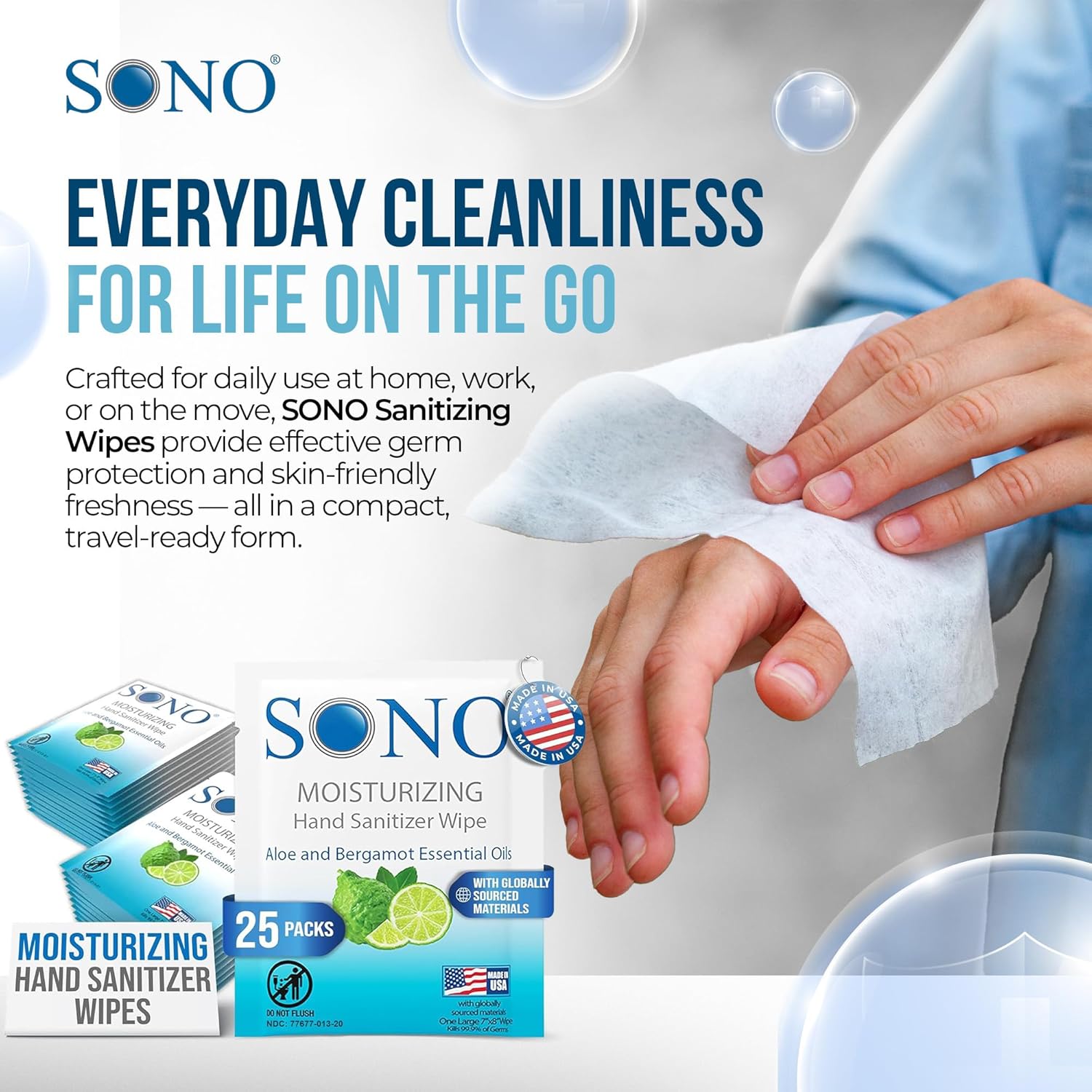 SONO Bergamot & Aloe Moisturizing Hand Sanitizer Wipes - TSA-Approved Travel Size Individual Packs for On-the-Go Hygiene & Cleansing - Alcohol-Free Antibacterial for Hands & Surfaces
