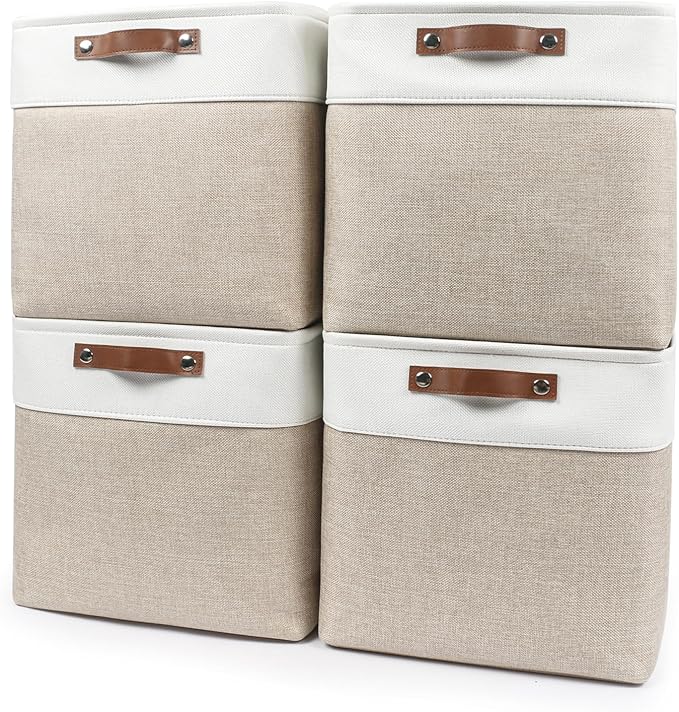 13x13 Cube Storage Bins, Collapsible Fabric Storage Box, 4 Pack Closet Baskets with Handles for Organizing, Shelf, Toys, Clothes, Home, Office, Nursery (Beige&White)-BubblyBeeBaby
