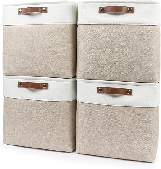 13x13 Cube Storage Bins, Collapsible Fabric Storage Box, 4 Pack Closet Baskets with Handles for Organizing, Shelf, Toys, Clothes, Home, Office, Nursery (Beige&White)-BubblyBeeBaby