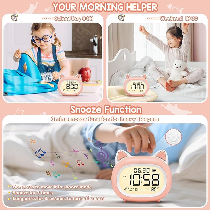 Kids Alarm Clock with Night Light for Kids, Small Digital Alarm Clocks for Bedrooms, Routine Builder, Cute Cat Alarm Clock with Sleep Training, Snooze, 12/24H, Date & Day, Temperature, USB Port-BubblyBeeBaby