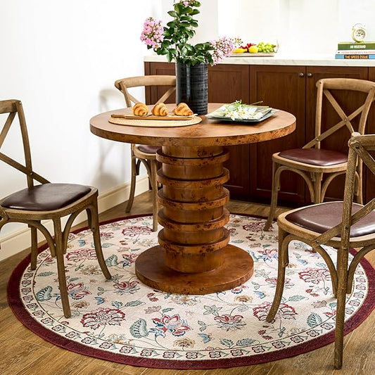jinchan 6ft Floral Round Rug for Dining Room Washable Living Room Rug Vintage Romance Design Non Slip Indoor Floor Cover Lightweight Low-Profile Throw Carpet for Bedroom Porch Patio, Red/Beige-BubblyBeeBaby