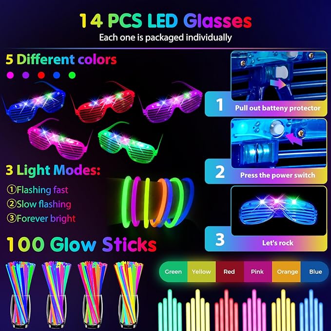142 PCS Glow in the Dark Party Supplies, 14PCS Foam Glow Sticks, 14PCS Light Up Headband,14PCS LED Glasses and 100PCS Glow Sticks Bracelets,for Glow Party, New Year, Wedding, Concert, Birthday-BubblyBeeBaby