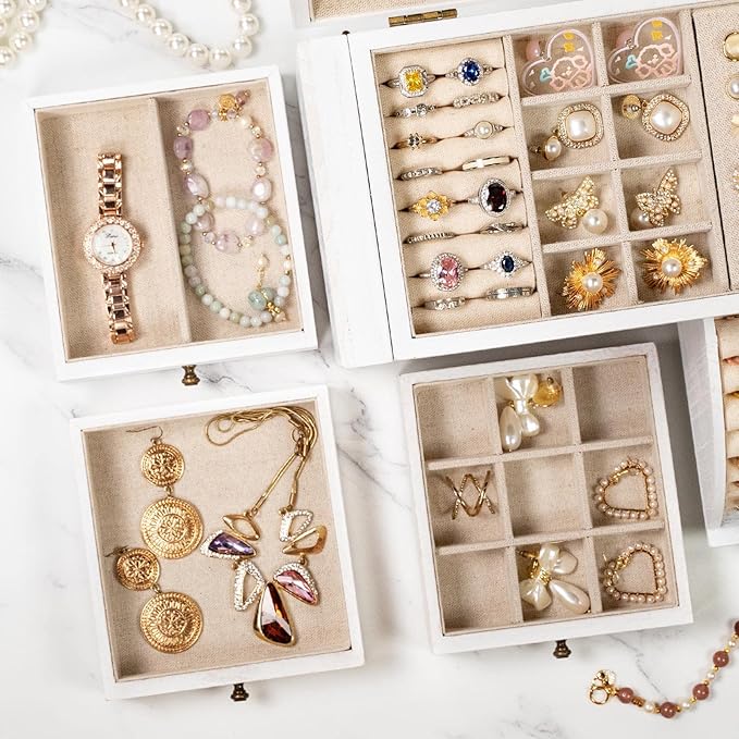 Jewelry Box Organizer, Solid Wood Jewelry Boxes for Women for Storage & Display Necklace Ring Earring Bracelet, Rustic Style Jewelry Organizer Box for Women Gifts (Weathered White)-BubblyBeeBaby
