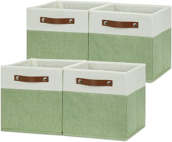 HNZIGE Fabric 11x11 Cube Storage Bins, Set of 4, Foldable Storage Cube Bin Baskets for Shelves with Handles, Bins for Cube Organizer Home Toy Nursery Closet(Green White)-BubblyBeeBaby
